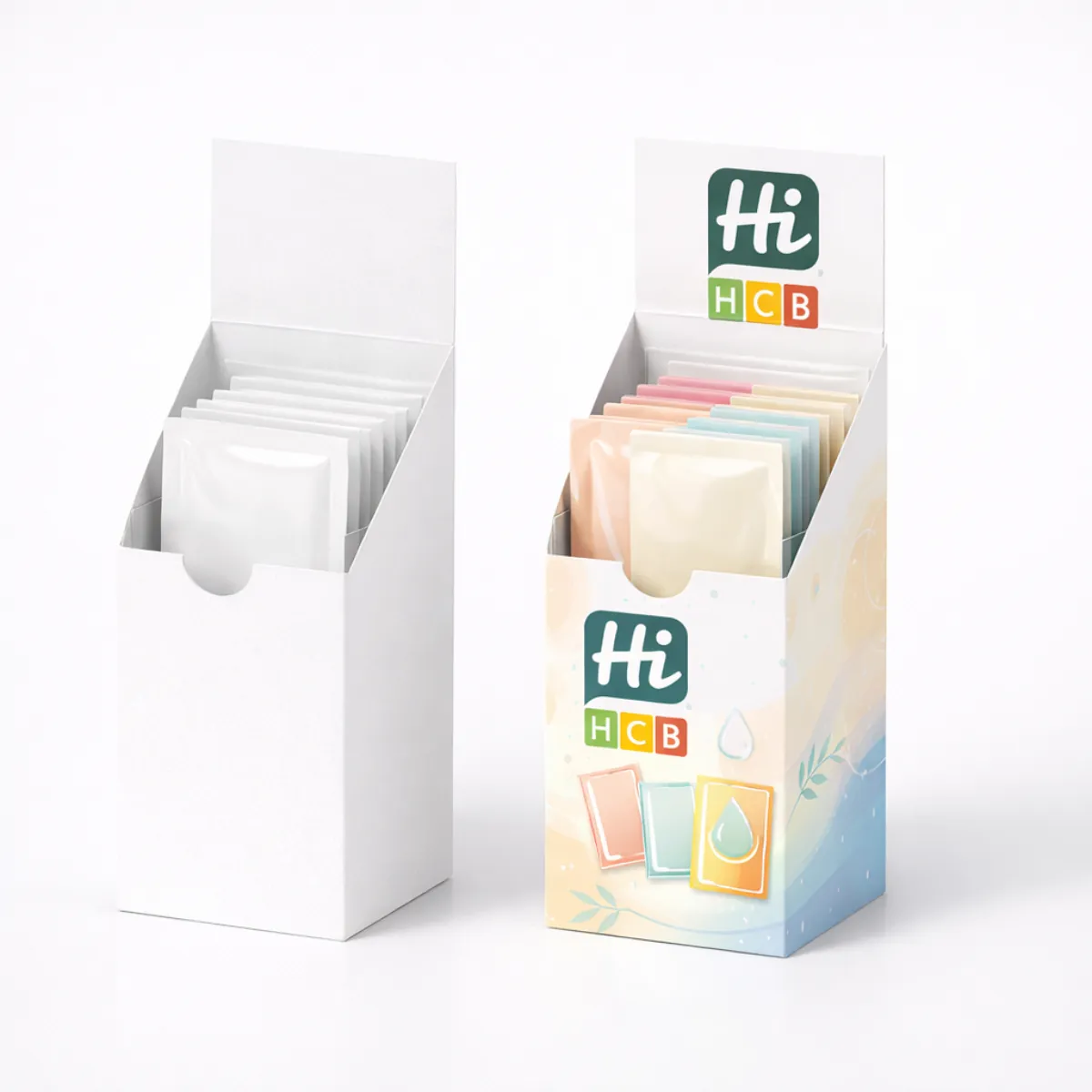 Cardboard retail display boxes designed to hold and showcase various cosmetic sachets on shop counters- class=